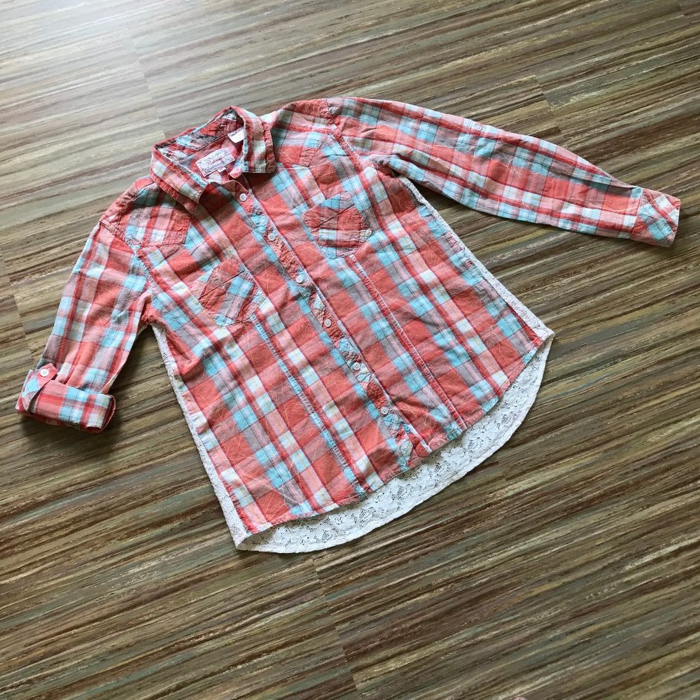 Panhandle Ladies Coral & Blue Plaid Western Blouse with Lace Back
